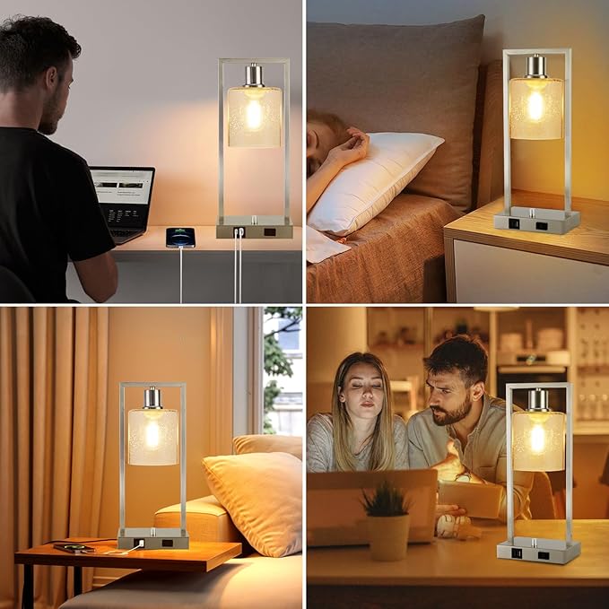16" Set of 2 Nickel Industrial Table Lamps with USB A+C Charging Ports and AC Outlet, Fully Stepless Dimmable Bedside Lamps with Seeded Glass Shade for Bedroom Living Room Office, LED Bulbs Included