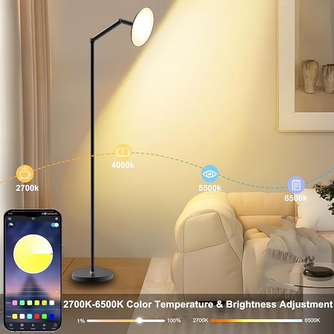 echosari Floor Lamp for Bedroom, Super Bright Torchiere Floor Lamps APP & Remote Control, 67'' Music Sync Tall Standing Lamp for Living Room Office Game Room (RGB & 2700K to 6500K)