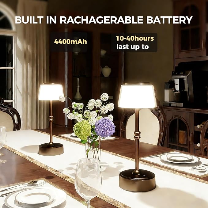 LED Cordless Lamp, 5 Colors Stepless Dimming Table Lamp, 4400mAh Rechargeable Battery with USB Charging Port, Portable Touch Bedside Light for Patio, Restaurant, Dining (1, Antique Brass)
