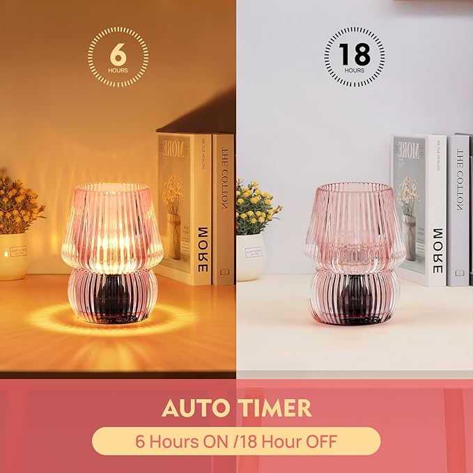 Small Battery Operated Lamp with Timer, Tiny Cordless Glass Table Lamp for Home Decor, Kitchen, Bathroom, Birthday Gift for Women, Mushroom, Pink