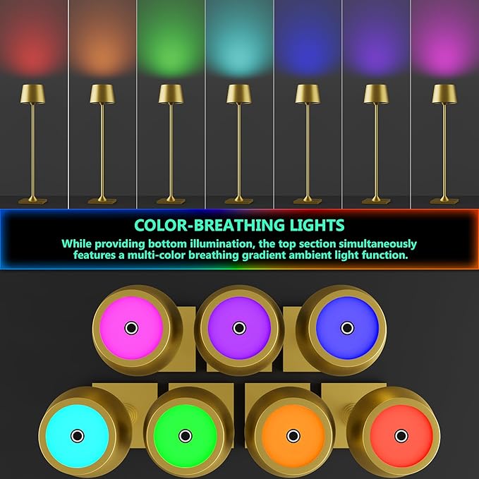 Compact Cordless Table Lamp, Rechargeable LED Night Light, Dual Light Source (RGB Top & Warm Bottom), Touch Control & Timer, Metal Lamp for Bedroom & Kids Room (Golden 1-Pack)