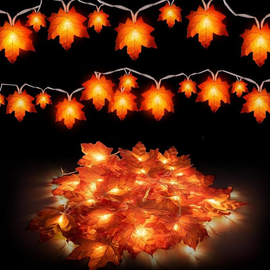 2 Packs Fall Decor Maple Leaves String Light,Waterproof Total 20Ft 40 LED, Battery Operated String Light for Home Mantel Porch Door Indoor Outdoor Halloween Thanksgiving Decor