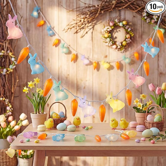 Easter Bunny Carrot String Lights, 8.5Ft Plug in Fairy Lights with 10 LED Rabbit and Carrot Lights, Cute Spring Decor for Home Bedroom Garden Party Indoor Outdoor Decorations