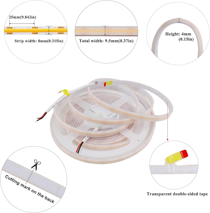 COB LED Strip Lights Waterproof IP67 Golden Yellow 2200K DC12V 16.4ft/5m 480LEDs/m Super Bright LED Tape Lights for Outdoor Cabinets Bar DIY Lighting