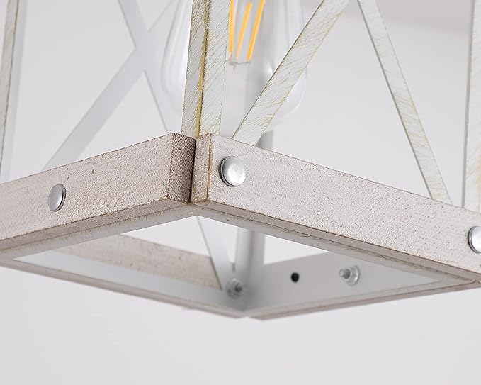 Fivess Lighting Modern Farmhouse Antique White Distressed Pendant Light with Wood and Metal Cage, One-Light Adjustable Chains Rustic Mini Pendant Lighting Fixture for Kitchen Island Cafe Bar