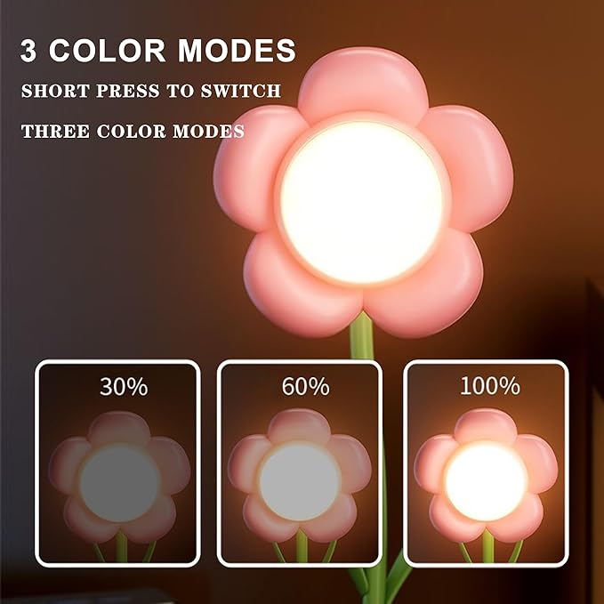 LIYAOLI Pink Flower Desk Lamp for Girls,Neck Reading Light,Rechargeable LED Lamp with USB Charging Port,3 Color Modes & Stepless Dimming,Mini Desk Lamp Office Desk Decor (Pink)