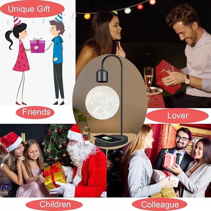 Magnetic Levitating Moon Lamp with Phone Wireless Charging Pad Changeable 3 Colors 3D Moon Levitation Floating Mood Night Light Table Lamp Christmas Gift Home Decoration