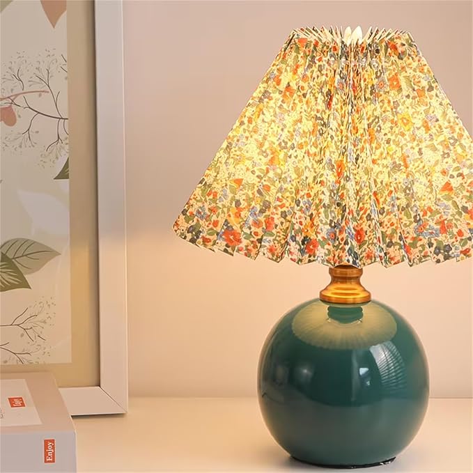 ikaufen Pleated Fabric Shade Table Lamp, Round Ceramic Base Lamp with Floral/Plain Design for Bedroom, Living Room & Desk (Emerald Green Floral Print)