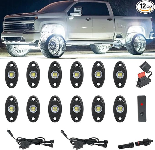 12pods White Rock Lights 12v Aluminum 6000k Super Brights Led Rock Light For Trucks With Switch Ip68 Waterproof For Utv Atv Suv Rzr Rv Trucks Pickup Car Automotive Neon Accent Light Kits