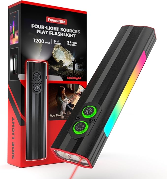 Favourlite Flat Rechargeable Flashlight, 1200 Lumens Magnetic Pocket Work Light with Clip, RGB Side Light & Red Beam, 4 Light Sources for Camping & Emergencies
