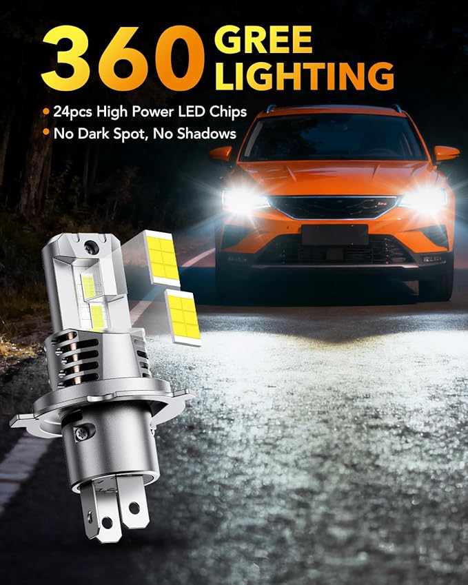 OXILAM H4 9003 HB2 LED Bulbs, 1000% Brighter Hi/Low Beam, 6500K Cool White, Quick Install with Cooling Fan, 70000Hrs, Pack of 2