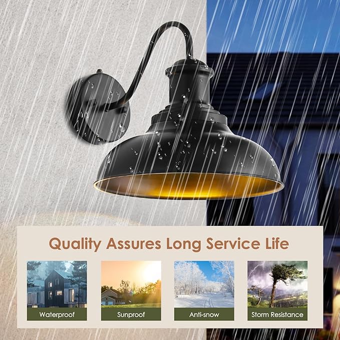 Dusk to Dawn Outdoor Wall Light Fixtures,12" Black Barn Wall Light with Gooseneck, Farmhouse Exterior Waterproof Wall sconces with Dome Shade for House Porch, Garage,Patio, 1Pack