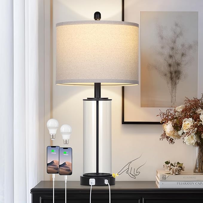 26" Glass Table Lamp Single, 3-Way Dimmable Touch Control Living Room Lamp with USB C+A Ports & AC Outlet, Modern Bedside Lamps, Bedroom Lamps for Nightstand Side End Table Desk, Black-1PK
