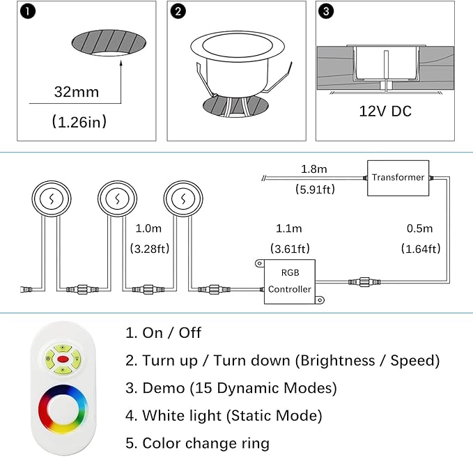 LED Outdoor Deck Lights Kits, Φ1.77in RGB 20 Pack Silver, Low Voltage 12 Volt DC IP67 Waterproof, Multi Color Changing Remote Dimmable, Recessed Stair Step Landscape Lighting