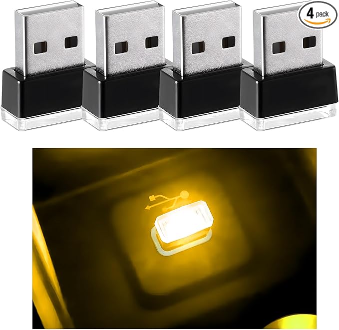 4 PCS USB LED Car Interior Atmosphere Lamp, Mini Night Light Plug-In Trunk Ambient Lighting Kit, Portable USB Interface LED Lamp Interior Decoration for Vehicle Home Office (Yellow)