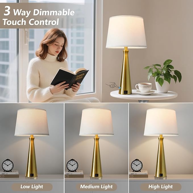 Seealle Modern Table Lamps Set of 2 - Touch Bedside Lamp for Nightstand with USB C+A,3-Way Dimmable Coppery Nightstand Lamps for Living Room Bedroom End Table with White Shade(Bulb Included)