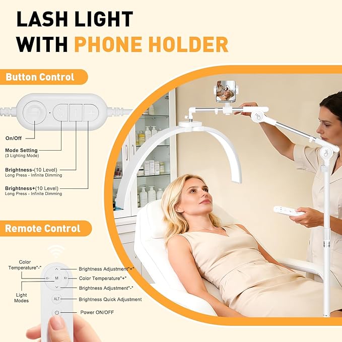 Half Moon Light for Eyelash Tech,27.5” Ultra-Wide 45W Lash Light with 392 LEDs, Adjustable Height Esthetician Light with Phone Holder, Dimmable Tattoo & Nail Tech Lamp, Salon Lighting(White)