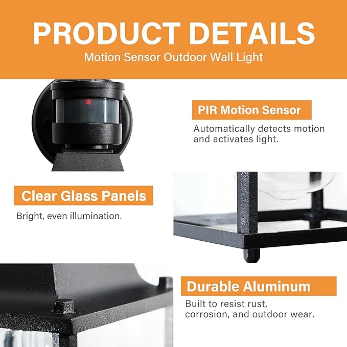 COTTAGE LIFE Motion Sensor Outdoor Wall Light Fixtures, 2 Pack Black Exterior Wall Sconces, Waterproof Outdoor Porch Lights for Front Door, Garage, Patio, Entryway
