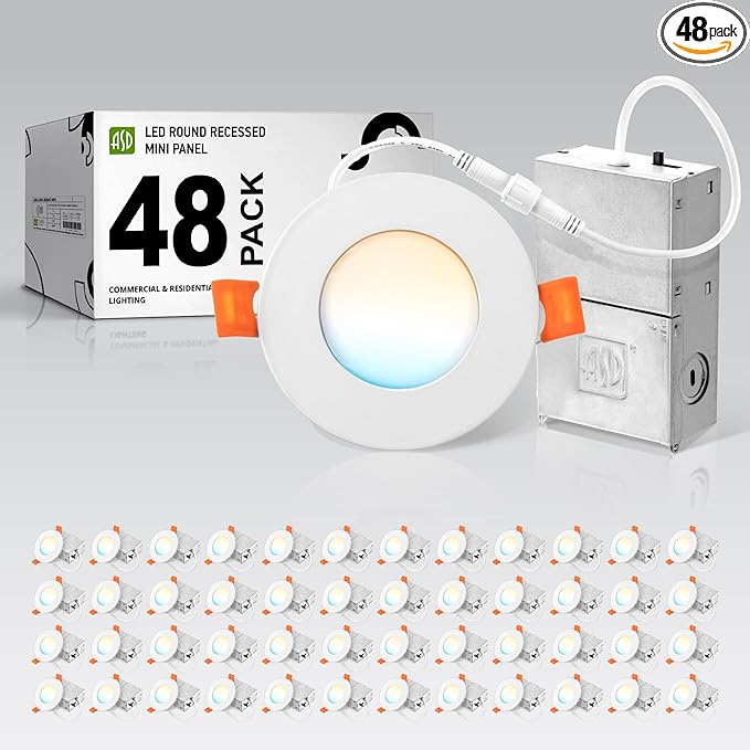 ASD 48 Pack 3 Inch LED Recessed Light 6W, 5 CCT 2700K-5000K CRI90+, IC Rated Ultra Thin Dimmable Ceiling Lights with J Box, Canless Wafer Downlight, Round Slim Panel Lighting, UL Energy Star, White