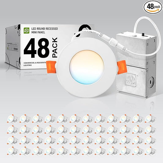 ASD 48 Pack 3 Inch LED Recessed Light 6W, 5 CCT 2700K-5000K CRI90+, IC Rated Ultra Thin Dimmable Ceiling Lights with J Box, Canless Wafer Downlight, Round Slim Panel Lighting, UL Energy Star, White