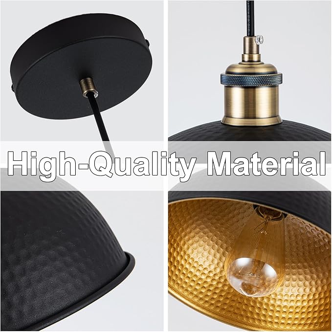 10“ Industrial Black Gold Pendant Lights Vintage Mini Dome Pendant Light Fixtures with Golden Finish Rustic Farmhouse Black Pendant Lights for Kitchen Island, Dining Room, Bedroom (Set of 3)