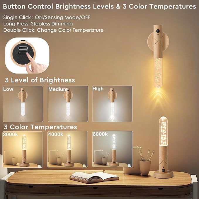 Wall Sconces Set of Two Battery Operated, Motion Sensor Night Light Battery Powered Sconce Rechargeable Wall Sconce, Peel and Stick Sconce Lights for Stair Hallway (White Ash Wood-Bubble)