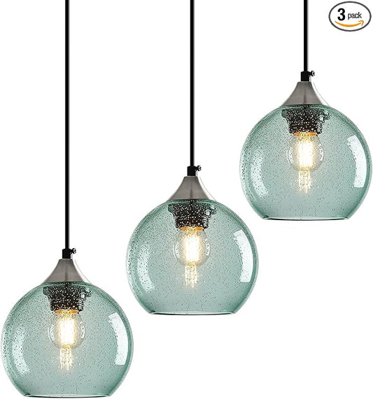 Light Green Glass Pendant Lights Kitchen Island Globe Pendant Light Fixtures Modern Pendant Lighting for Bedroom Living Dining Room Light Fixture (5.9 in, 3 Pack)