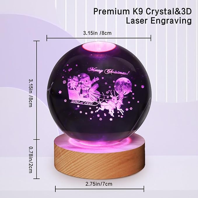 3D Crystal Ball Lamp,3.15inch Multi-Color Changing Bedroom Decor Night Lights,Christmas Birthday Gifts for Kids, Boys, Girls