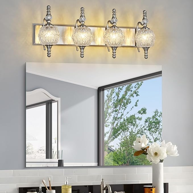 Modern Crystal Bathroom Vanity Lights Fixtures Over Mirror Brushed Nickel Vintage 4-Lights 28 Inch Bathroom Light Fixtures Glass Crystal Vanity Lights