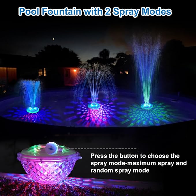 Floating Pool Fountain with Underwater Light Show,Pool Water Fountains Pool Fountains with Anchor,2 Spray Modes Swimming Pool Fountain Pump,Pool Fountain for Inground Above Ground Pools-1PC