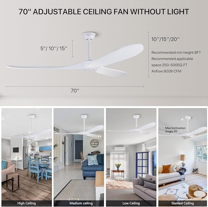 Solid Wood Ceiling Fans Without Light, 72 inch Real Wood Ceiling Fan with 6-Speeds 3 Wood Blades, Indoor Outdoor Ceiling Fans for Garage, Farmhouse, Living Room, Bedroom, Office