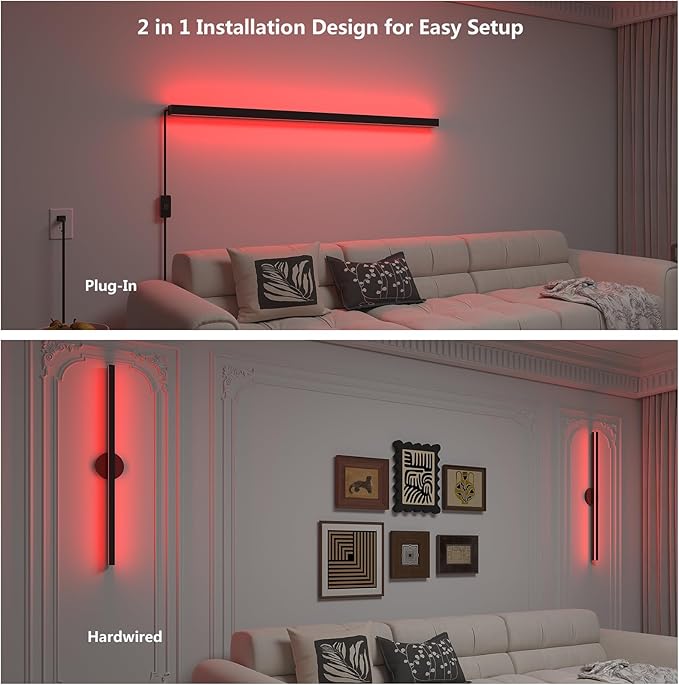 Smart Wall Sconces Set of 2, 35.4 In RGBCW LED Wall Lights Works with Alexa & Google Home, Plug-in or Hardwire Installation Wall Mount Lamp Dimmable for Bedroom, Living Room, Hallway Decor, Music Sync
