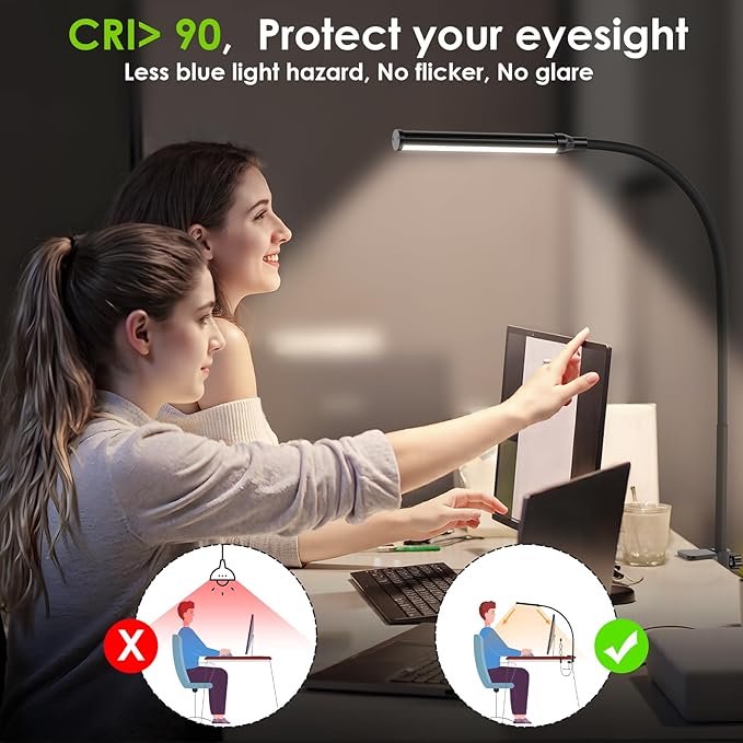 ShineTech LED Desk Lamp with Clamp, Clip On Desk Lamp for Home Office, 4000K Natural White & 11 Brightness Level, Flexible Gooseneck Architect Desk Light, Eye Caring Reading Lamp with USB Adapter
