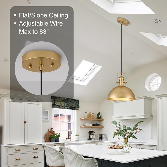 12 Inch Gold Farmhouse Pendant Lights Matte Pendant Lights for Kitchen Island Industrial Adjustable Height Vintage Dome Hanging Light Fixtures for Barn, Dining Room 2 Packs