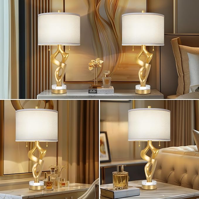 Scenekoy Sculptural Table lamp Set of 2 for Living Room with Marble Base & USB Ports, Gold Leaf Finish Rustic Bedside Lamps with S Cluster Pull Chains Switch, Nightstand Lamp for Office Hotel Bar