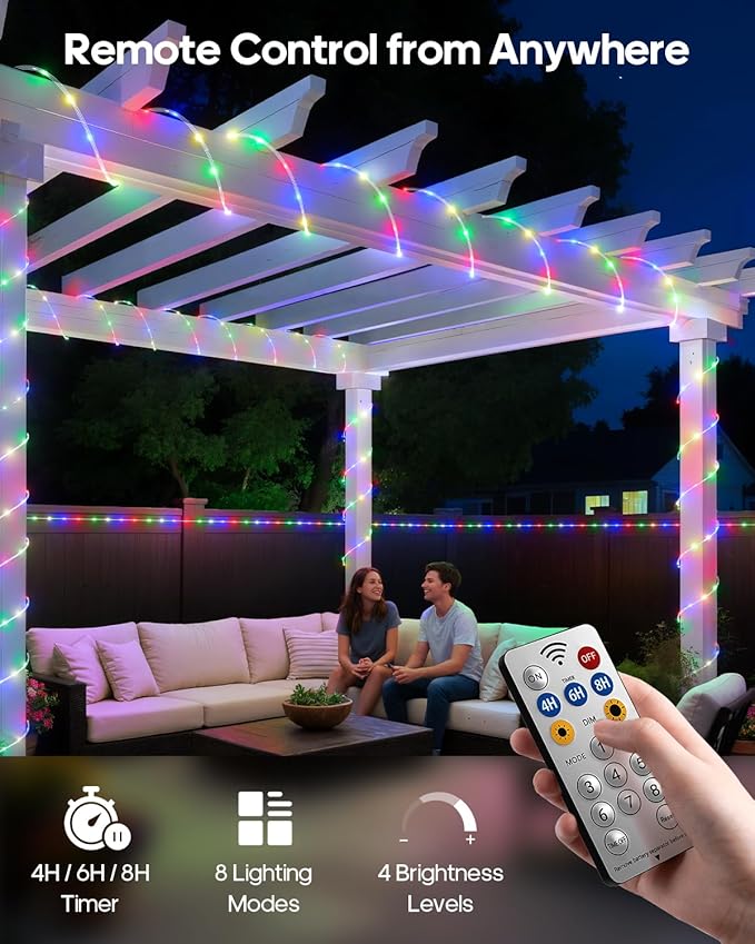 Rope Lights, Rechargeable 79FT 240LED Outdoor Waterproof String Lights with 1200mah Portable Rechargeable Battery, Timing & 8 Modes for Party Christmas Camping DIY Tree trampoline - Multicolor 2 Pack