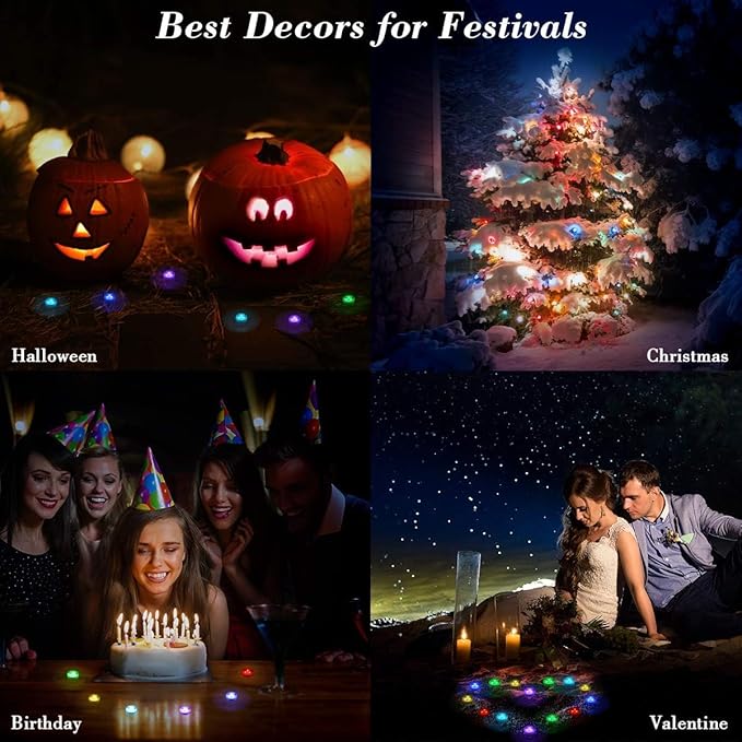 Xmas Christmas Decorations Lights with Remote - 10 PCS Submersible Led Puck Lights | Battery Powered Small Underwater Tea Candles | Multicolor Flameless Accent Lights for Pool Lantern Decoration