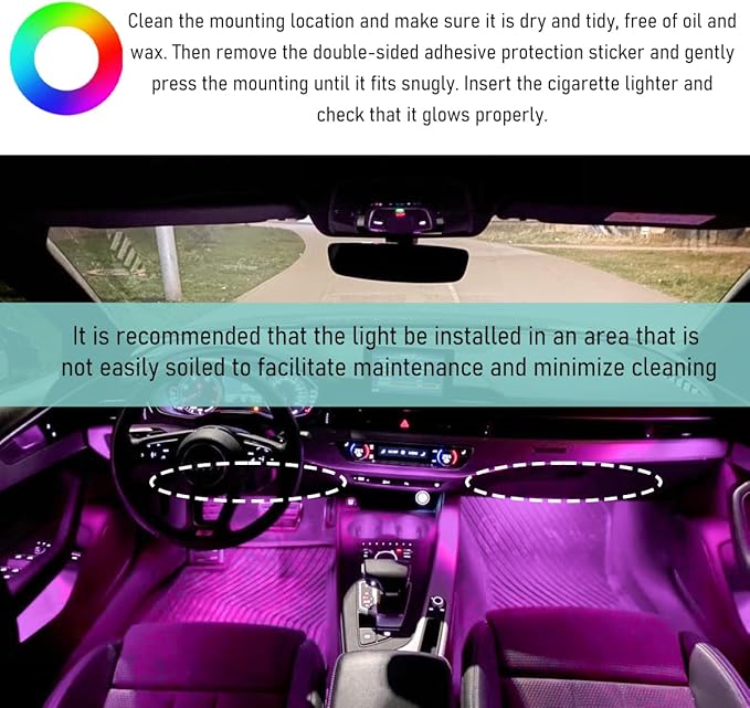 Car LED Strip Light, 24 LED Interior Under Dash Atmosphere Lights with Cigarette Lighter, Vehicle Decor Lamp Ambient Night Light Strip Lighting, Universal Car Accessories (Pink Purple)
