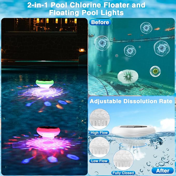 Solar Pool Chlorine Floater(4 Pack), Floating Pool Lights, 2600mAh 6.69” IP68 Waterproof Easy-Open Floating Chlorine Dispenser,13 Colors Adjustable Release Chlorine Floater Dispenser for 1" & 3"