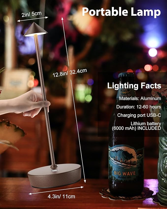 Cordless Table Lamps Rechargeable, 6000mAh Battery Operated LED Desk Lamp Outdoor Waterproof Portable Touch Dimmable Table Night Light for Patio Restaurant Dining Home Rust