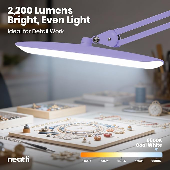 Neatfi XL LED Desk Lamp with Clamp, 2200 Lumens, 24W, 20-Inch Wide Head, Dimmable 4 Brightness Levels, Task Light for Home Office, Crafts, Workbench (Non-CCT, Lavender)