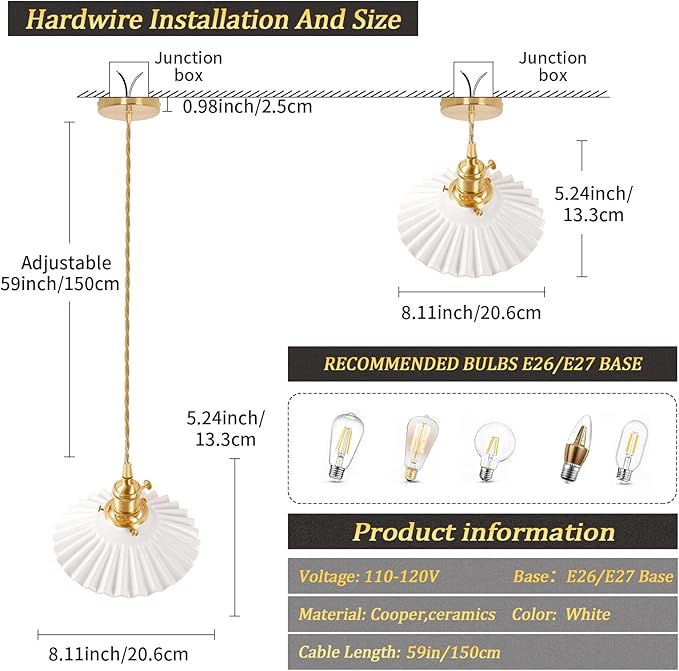 Pendant Light with White Pleated Ceramic Lmapshade, Brass Vintage Pendant Light Adjustable Hanging Light for Kitchen Island Dining Room Hallway