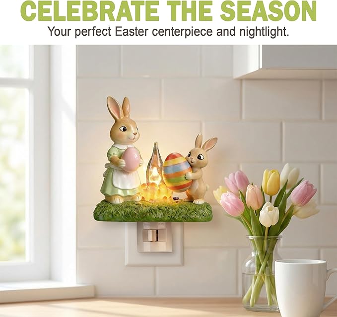 Easter Night Light - Bunny Campfire Plug in Wall, Mother & Baby Rabbit Lamp with Flickering Flame, Handmade Resin Easter Home Decor, Warm Nightlight for Bedroom Nursery or Festive Gift