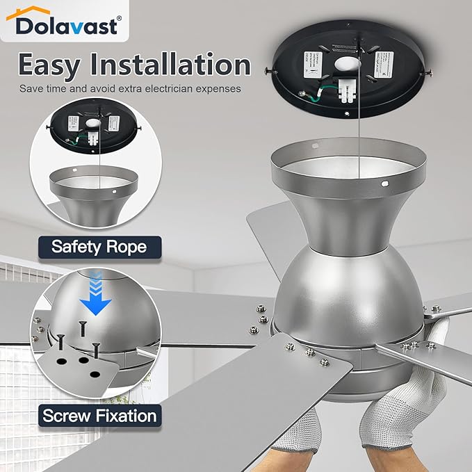 Ceiling Fans with Lights, 42 Inch Low Profile Ceiling Fan with Light and Remote Control, Flush Mount, Reversible, 3CCT, Dimmable LED, Quiet, Nickel Ceiling Fan for Bedroom, Kitchen