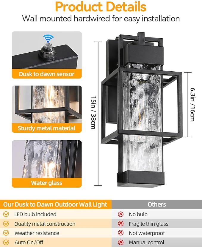 Outdoor Wall Lights Dusk to Dawn with Water Glass, Black Exterior Lighting Fixtures Waterproof Outdoor Sconce Lights with LED Bulbs, 15" H Large Outside Lights for House Porch Garage Patio