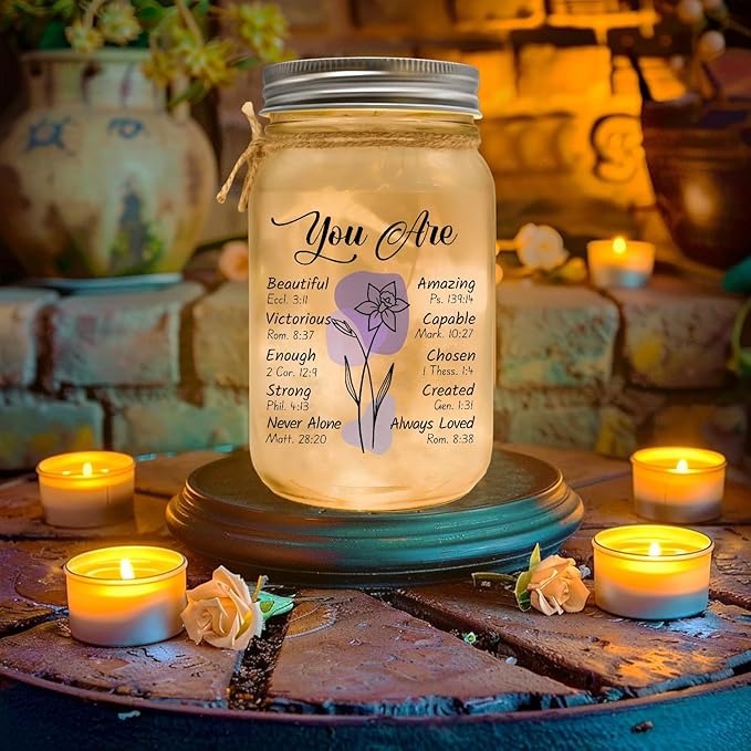 Religious Gifts for Women Christian Mason Jar Lamp - Easter Mothers Day Inspiration for Mom Bible Encouragement Gifts for Women - Faith Jar 14oz Nightlight Bible Scripture for Mom Nana Girlfriend