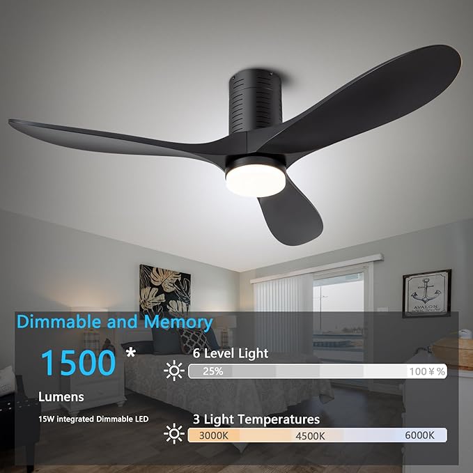 52" Flush Mount Ceiling Fans with Lights and Remote/APP Control, 3CCT Dimmable LED, 6 Speed DC Motor, Low Profile Ceiling Fan for Bedroom, Hallway,Indoor/Outdoo