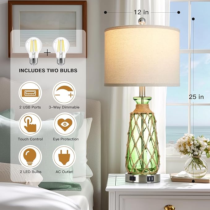 25.5" Green Glass Table Lamps Set of 2, 3-Way Dimmable Touch Control Bedside Lamps with 2 USB Ports and AC Outlet, Coastal Nightstand Lamp for Bedroom Living Room (LED Bulbs Included)