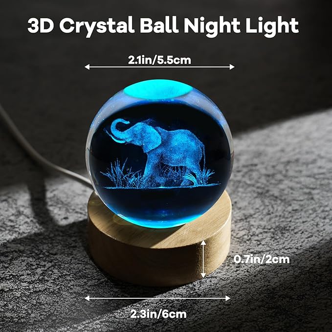 3D Elephant Engraved Crystal Ball Night Light 2.4in Figurines Decor Table Lamp With 16 Colors Change Remote Control for Birthday Christmas Gifts for Women Friends Kids Teen