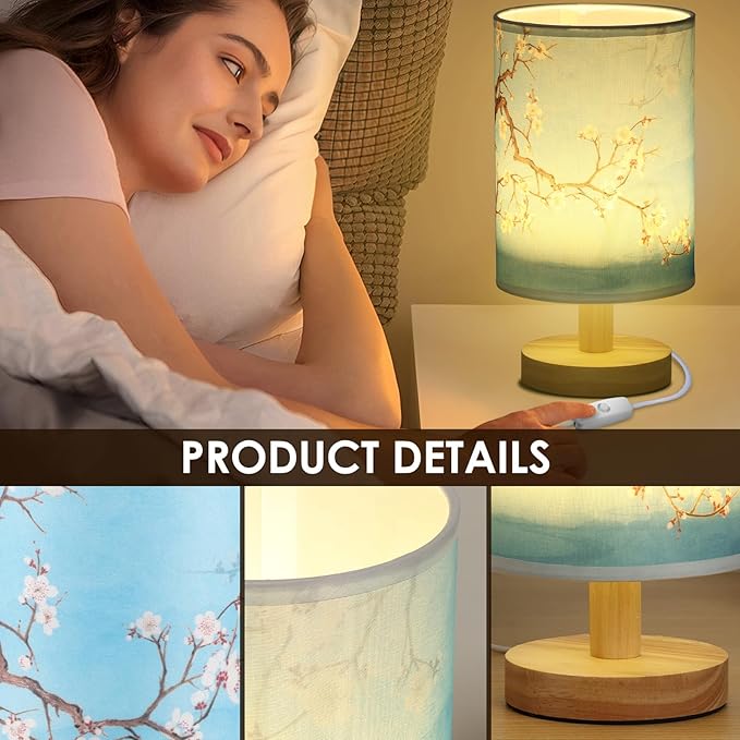 Fabric Wood Table Lamp for Bedroom, USB LED Bedside Night Lamp with Linen Fabric Lampshade, Decorative Bedroom Nightstand Light, Vintage Small Nightlight for Home Office Hotel Present(Style 2)